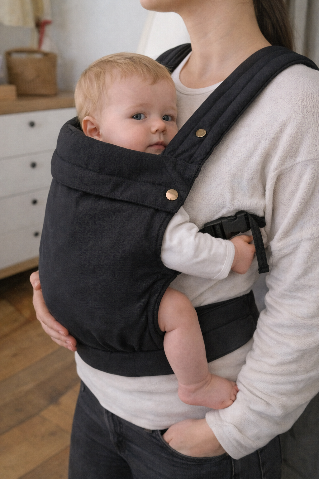 Parent wearing black ergonomic baby carrier with infant - soft-structured toddler kangaroo carrier UK
