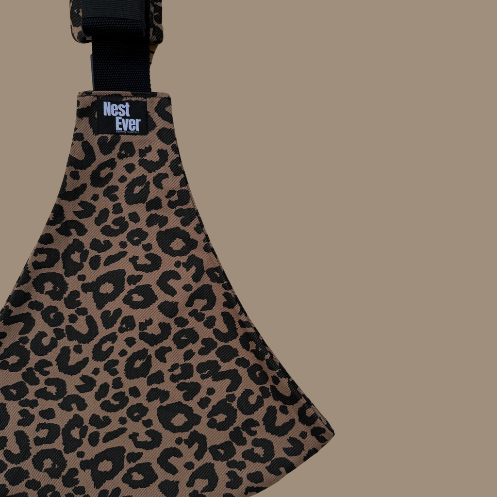 Leopard toddler hip carrier view - lightweight baby carrier