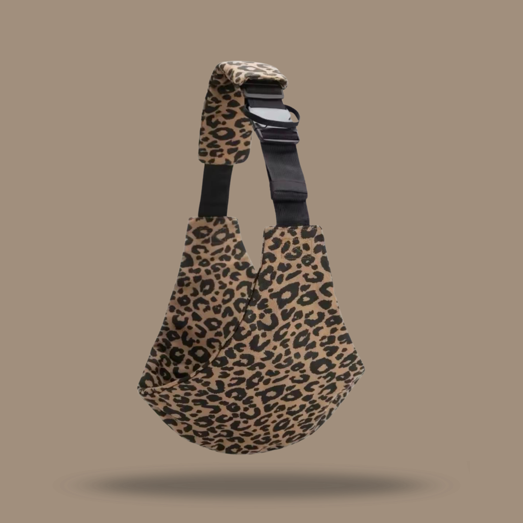 Leopard toddler hip carrier view - lightweight baby carrier