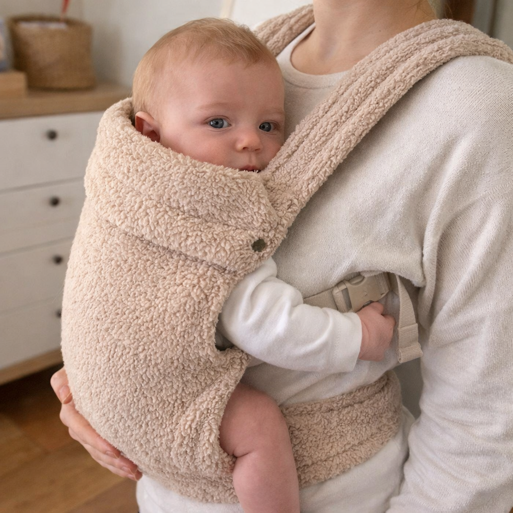 Parent wearing teddy ergonomic baby carrier with infant - soft-structured toddler kangaroo carrier UK
