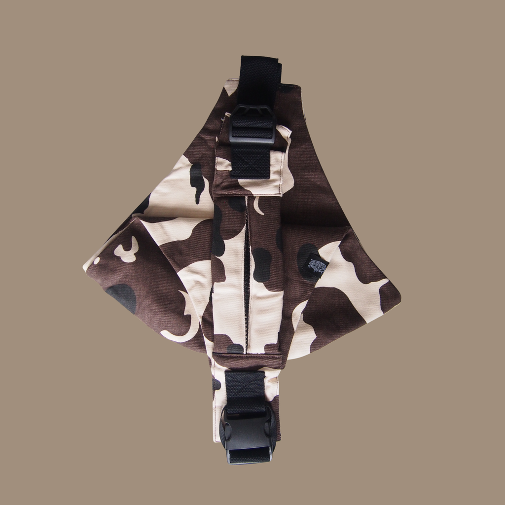 Cow pattern toddler hip carrier view - lightweight baby carrier