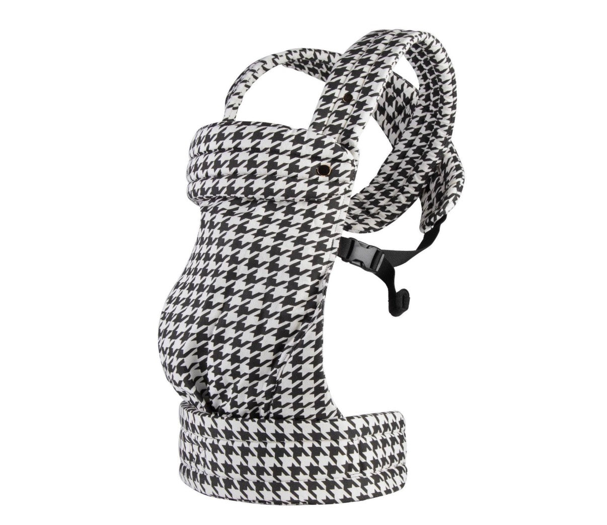 Black houndstooth ergonomic baby carrier back view - soft-structured carrier with adjustable straps