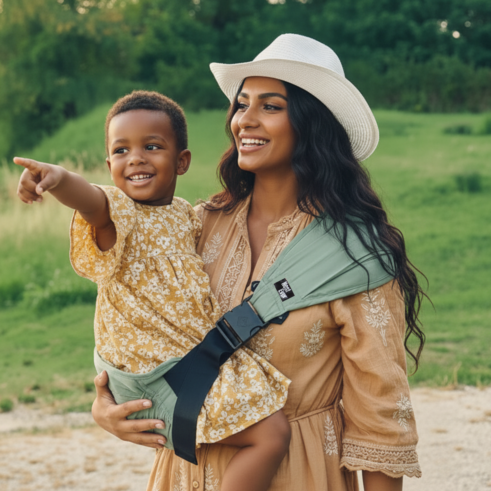 Parent and her daughter with mint green toddler hip carrier - ergonomic baby carrier UK
